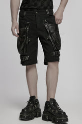 Black Big-pocket Faux Leather Stitching Men's Punk Shorts